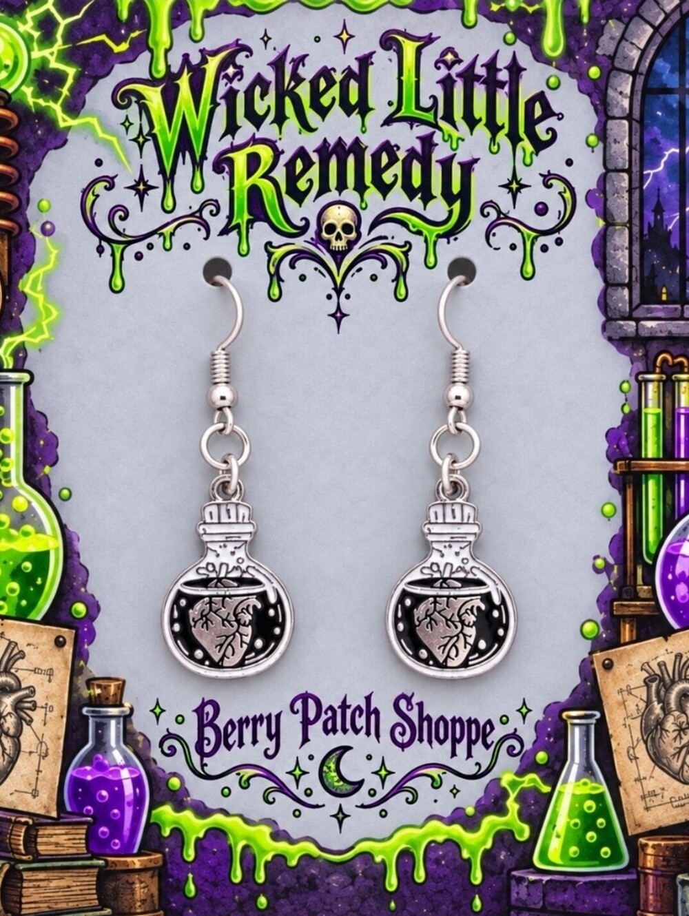 Wicked Remedy Bottled Heart Gothic Halloween Silver Earrings